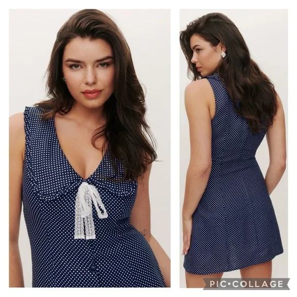 Reformation 8 Soraya Linen Dress Raindrops Polka Dot Navy Blue White Reformation 8 Soraya Linen Dress Raindrops Polka Dot Navy Blue White